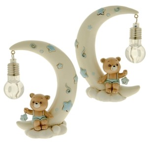 Bomboniera Orsetto su Luna in resina Bianca e Celeste con Lampadina LED 10 x h 14 cm set 2 pz art 04A171