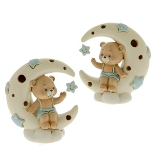 Bomboniera Orsetto su Luna in resina Bianca e Celeste con luce LED 10 x h 11 cm set 2 pz art 04A169
