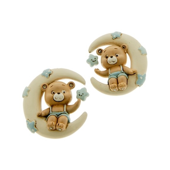 Bomboniera Calamita Magnete Orsetto su Luna in resina Bianca e Celeste 6 cm set 12 pz art 04A165