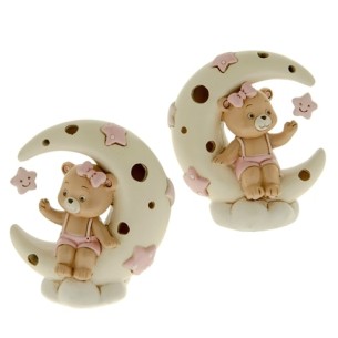 Bomboniera Orsetto su Luna in resina Bianca e Rosa con luce LED 10 x h 11 cm set 2 pz art 04A170