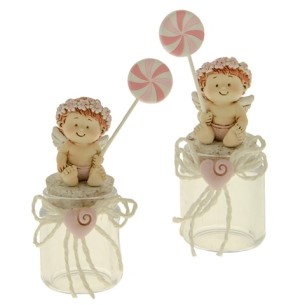 Bomboniera decorazione Angelo seduto con GIRELLA ROSA in resina BARATTOLO Battesimo Nascita h 13 cm Set 2 pz art 04A178