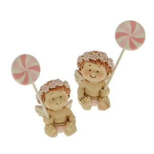 Bomboniera decorazione Angelo seduto con GIRELLA ROSA in resina Battesimo Nascita h 7,5 cm Set 2 pz art 04A176