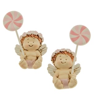 Bomboniera decorazione Calamita magnete Angelo seduto con GIRELLA ROSA in resina Battesimo Nascita h 7,5 cm Set 12 pz art 04A174