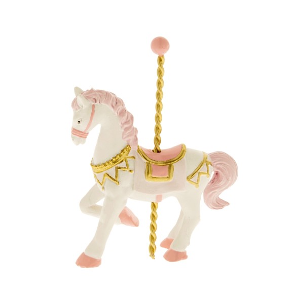 Bomboniera Cavallo Giostra Luna Park in resina da appoggio Rosa battesimo nascita h 9 cm Art 04A026