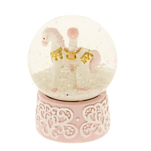 Bomboniera Cavallo Giostra Luna Park in resina Palla di Neve Rosa battesimo nascita h 6 cm Art 04A028