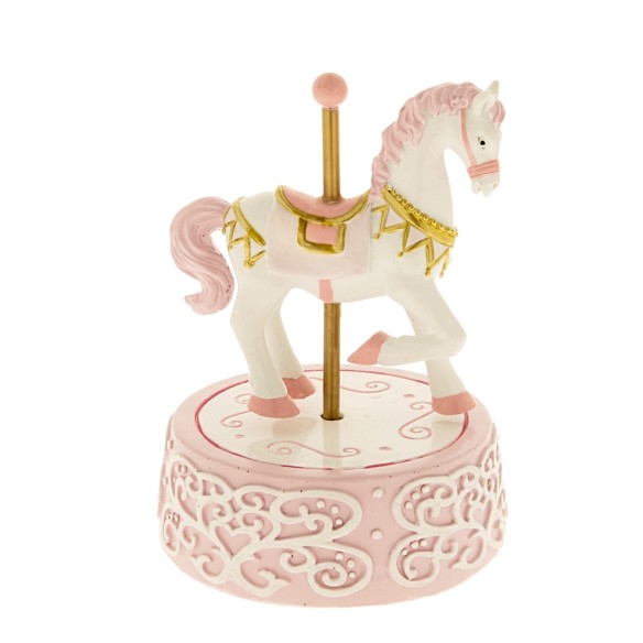 Bomboniera Cavallo Giostra Luna Park in resina Rosa CARILLON battesimo nascita D. 10 x h 14 cm Art 04A032