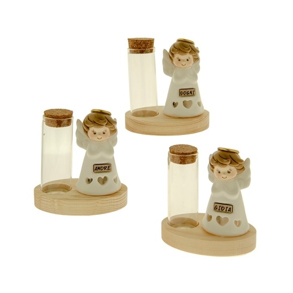 Bomboniera ANGELI in porcellana BIANCA con scritte e tubo vetro FIALA idea Battesimo Nascita h 10 cm Set 3 pz art 04A207