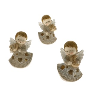Bomboniera Decorazione Angelo Glitterato in resina Colore Tortora con LED h 9 cm Battesimo nascita set 3 pz art 049791