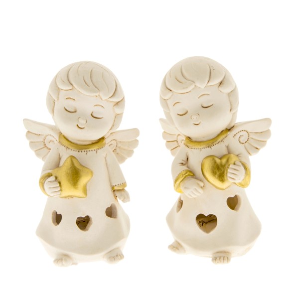 Bomboniera Angelo in resina Avorio e Oro statuina con led battesimo Nascita h 13 cm set 2 pz Art 04A052
