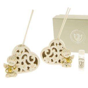 Bomboniera Angelo in resina Avorio e Oro statuina Diffusore Profumatore con scatola battesimo Nascita h 9 cm set 2 pz Art 04A053