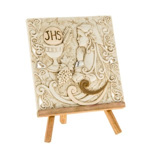 Bomboniera Decorazione Icona in resina Avorio simbolo Comunione GIRL Ragazza su piedistallo Legno 10 x h 13 cm art 04A153