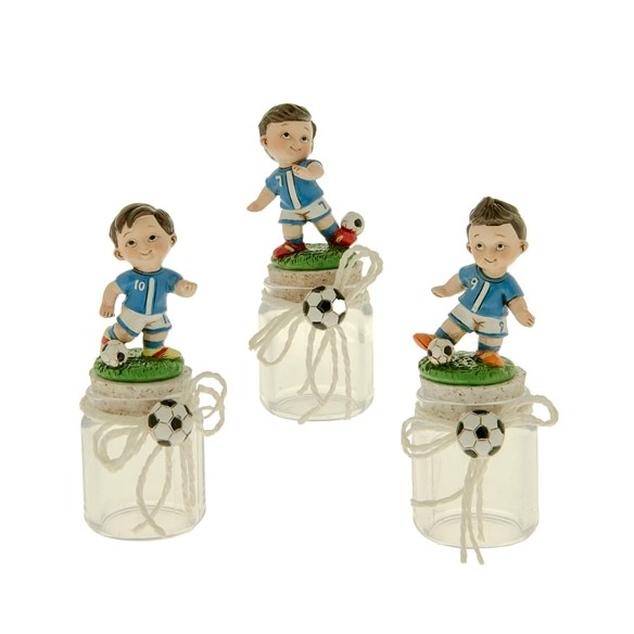 Bomboniera decorazione Statuina Baby Calciatore Azzurro in resina su Barattolo h 12 cm Confezione 3 pz art 04A282