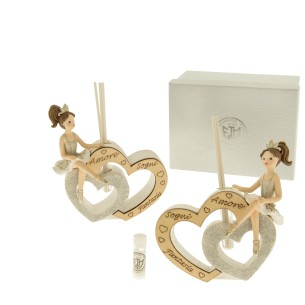 Bomboniera Ballerina Profumatore Cuore in Resina Glitterata e Legno h 13 cm con Scatola set 2 pz art 04A064