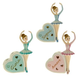 Bomboniera Cuore a Led con Ballerina in Resina Vari Colori h 13 cm set 3 pz art 04A285