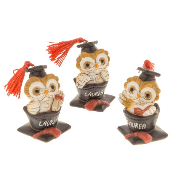 Bomboniera Gufo in resina con Cappello TOCCO laurea h 5 cm Set 3 pz art 04A103
