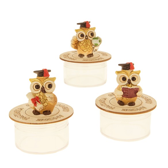 Bomboniera Laurea Gufo Statuina in resina con scatola confetti Plexiglass H 9 cm varie figure set 3 pz Art 049940