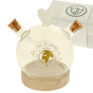 Bomboniera OLIO e ACETO in Vetro Tondo si Base Legno 12 x h 13 cm con scatola art 07A085