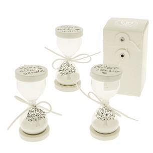 Clessidra in Vetro trasparente con sabbia bianca  inserto albero della vita  zama e scatola h 11 cm set 3 pz Art 07A014