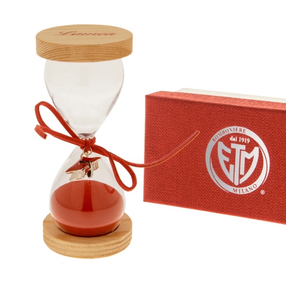 Clessidra in Vetro trasparente con sabbia Rossa  inserto scritta LAUREA e scatola h 12,5 cm  Art 07A019