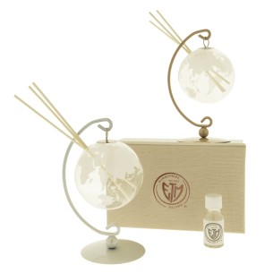 Bomboniera Mappamondo Profumatore in Vetro Base Metallo colore BIANCO e TORTORA con Scatola h 16 cm Set 2 pz art 07A033