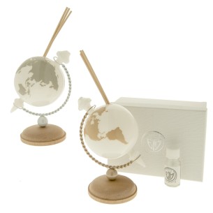 Bomboniera Mappamondo Profumatore in Vetro Base legno e Metallo colore BIANCO e TORTORA con Scatola h 15 cm Set 2 pz art 07A042