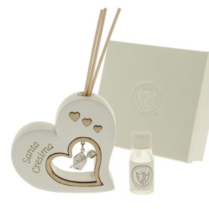 Bomboniera Diffusore CUORE in resina con inserto ciondolo Simbolo Cresima 10 x h 10 cm con scatola art 08A104