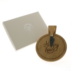 Bomboniera set coltello formaggio con vassoio Tondo in legno D 20 cm con scatola art 08709