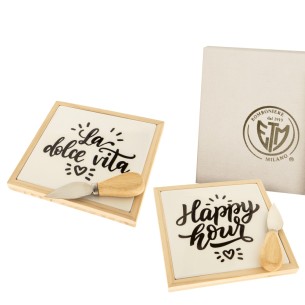 Bomboniera set  2 vassoio quadrato con coltello formaggio in legno e ceramica cm 17 art 08A005