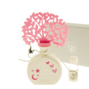Bomboniera Profumatore in porcellana bianca con inserto albero della vita in panno rosa h 17 cm con scatola Art 08A022