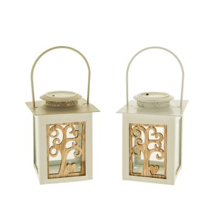 Bomboniera Lanterna in metallo BIANCO porta candela con intaglio Albero della Vita LEGNO e LED luminoso h 10 cm Set 2 pz art 12A