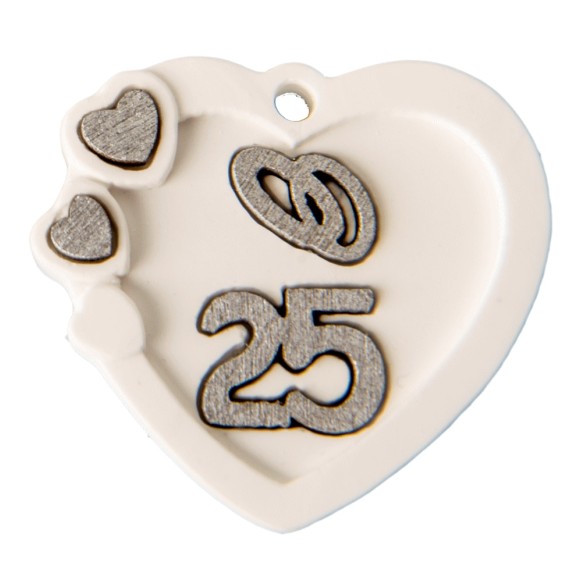 Decorazione Bomboniera Cuore in gesso con 25 esimo  Argento Anniversario 4 cm confezione 6 pz  Art 08A055