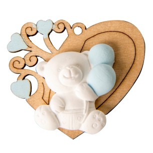 Decorazione Bomboniera orsetto in Gesso Bianco e celeste con cuore Legno 5 cm confezione 6 pz  Art 08A044