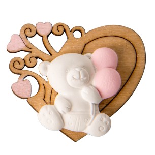 Decorazione Bomboniera orsetto in Gesso Bianco e Rosa con cuore Legno 5 cm confezione 6 pz  Art 08A045