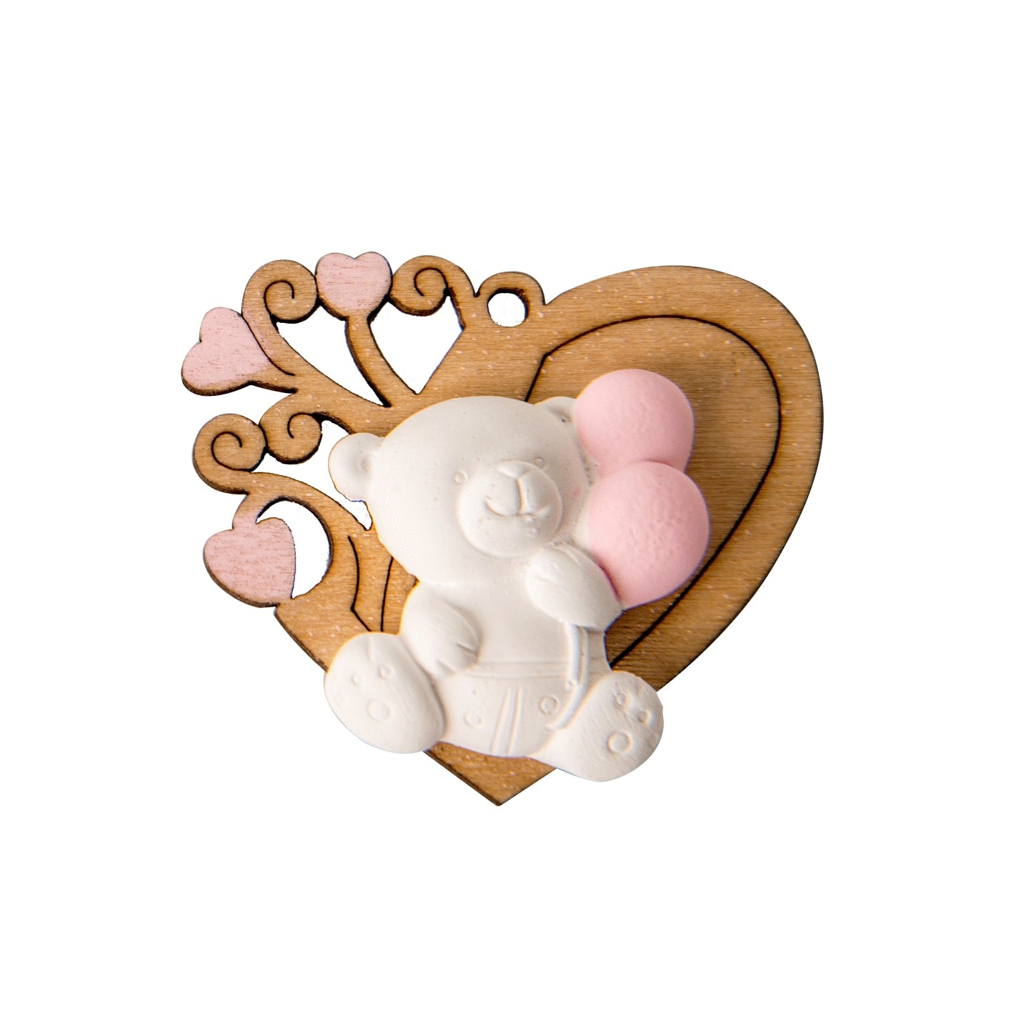 Decorazione Bomboniera orsetto in Gesso Bianco e Rosa con cuore Legno 5 cm  confezione 6 pz Art 08A045