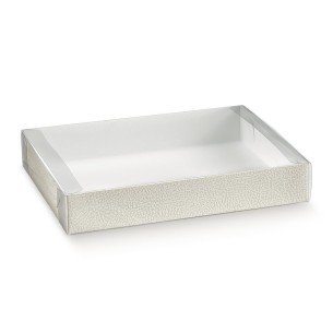 Scatola pelle BIANCO con coperchio Trasparente scorrevole e vassoio tipo Astuccio misura 22,5 x 17,5 x h 4 cm Confezione 50 pz a