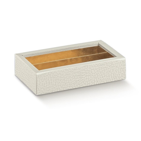 Scatola tipo Quadretto in Pelle BIANCO con Fascetta PVC Trasparente ed inserto 14,5 x 7,5 x h 3,5 Cm Confezione 50 pz art 15163