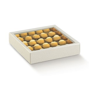 Scatola tipo Quadretto in Pelle BIANCO con Fascetta PVC Trasparente ed inserto 14,5 x 14,5 x h 3,5 Cm Confezione 50 pz art 14612