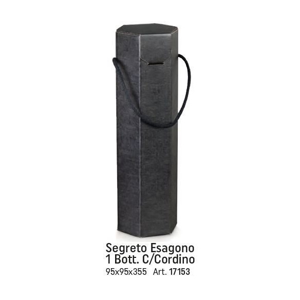 Scatola tipo SEGRETO ESAGONALE colore SETA NERO porta 1 BOTTIGLIA misura 9,5 x 9,5 x h 35,5 cm Confezione 50 pz Art 17153