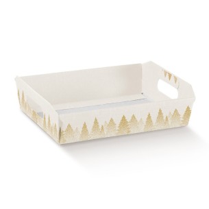 Cesto in cartone confezioni Natalizie colore Bianco con disegni ORO misura 35 x 26 x h 7 cm Confezione 30 pz Art 15486
