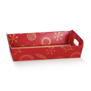 Cesto in cartone confezioni Natalizie colore ROSSO con disegni ORO misura 35 x 26 x h 7 cm Confezione 30 pz Art 39190