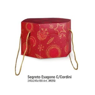 Scatola tipo SEGRETO ESAGONALE colore ROSSO e ORO porta Panettone artigianale misura 24,5 x 24,5 x h 18 cm Confezione 30 pz Art