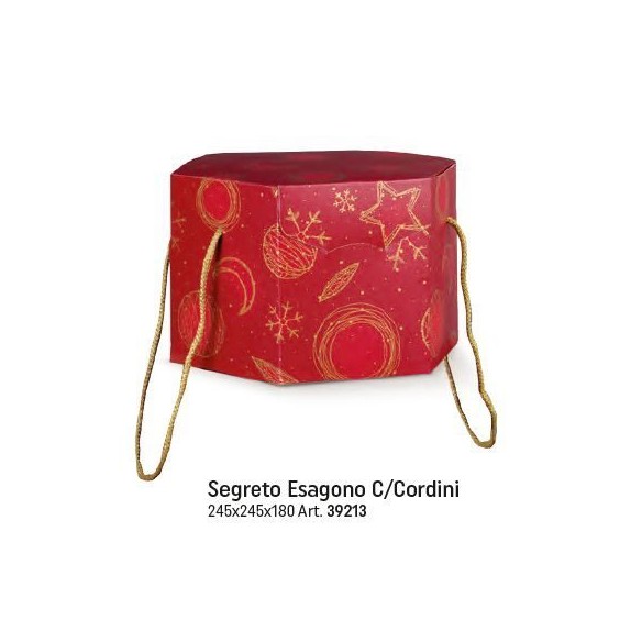 Scatola tipo SEGRETO ESAGONALE colore ROSSO e ORO porta Panettone artigianale misura 24,5 x 24,5 x h 18 cm Confezione 30 pz Art