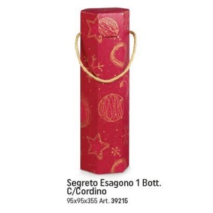 Scatola tipo SEGRETO ESAGONALE colore Rosso e ORO porta 1 BOTTIGLIA misura 9,5 x 9,5 x h 35,5 cm Confezione 50 pz Art 39215