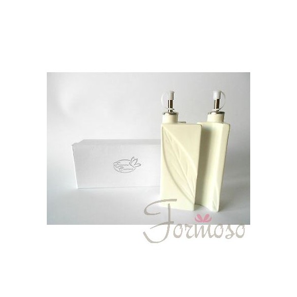 Set olio e aceto porcellana bianca inserto foglia bomboniera 80xh210mm art 02783