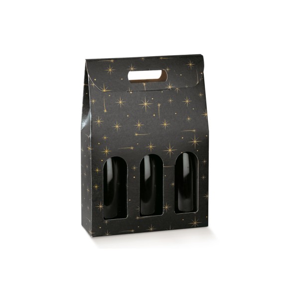 Scatola porta 3 bottiglia colore NERO con stelle ORO 27 x 9 x h 38,5 cm set 30 pz art 38915