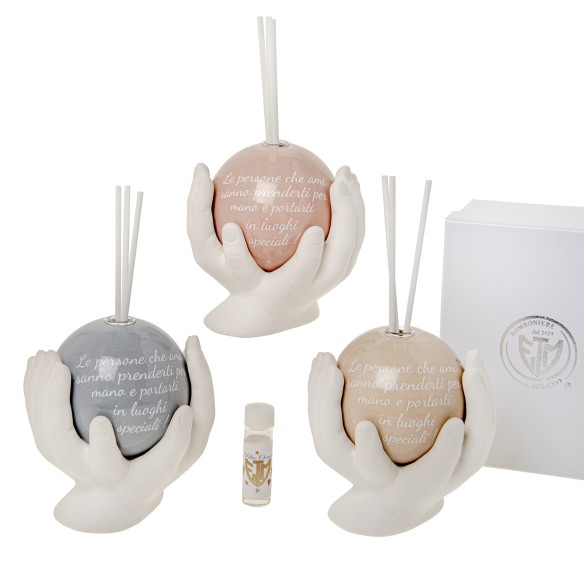 Bomboniera sfera Porcellana base a forma di mani diffusore profumtore con scatola 10 cm set 3 pz art 02A166