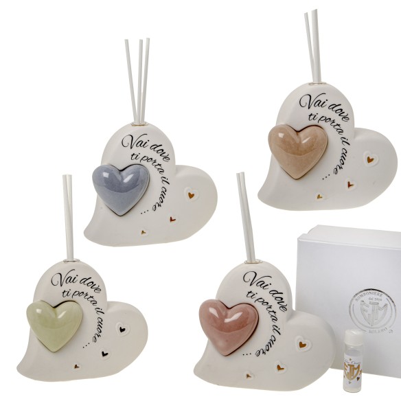 Bomboniera Porcellana Cuore diffusore profumtore e led con scatola 12 cm set 4 pz art 02A172