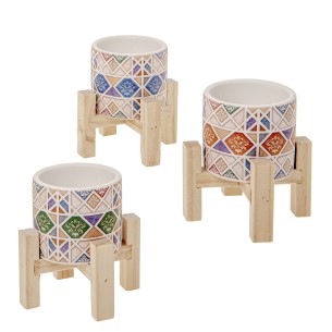 Bomboniera in Porcellana con maiolica porta pianta base legno h 9,5 cm set 3 pezzi art 02A192