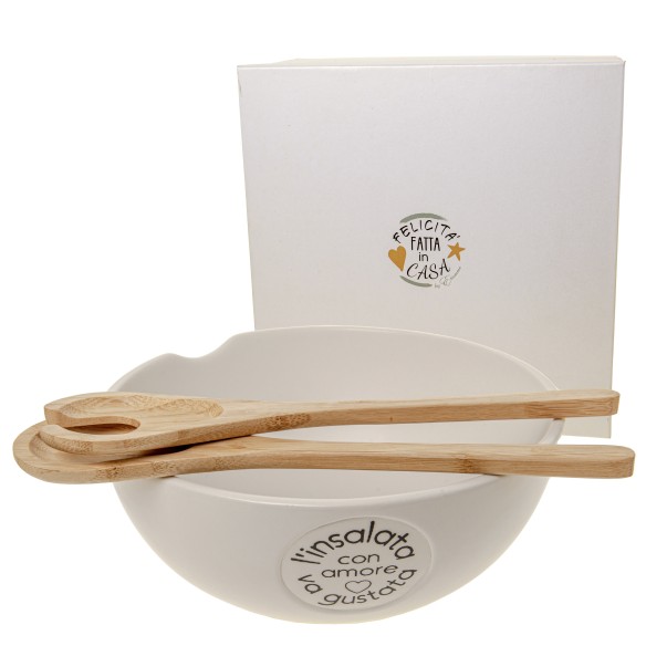 Bomboniera Insalatiera in Porcellana con posate Legno D 25 x h 11 cm con scatola art 02A207