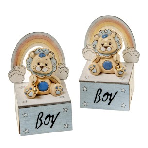 Bomboniera Leone Baby celeste in resina con scatola confetti legno h 9 cm set 2 pz art 04A337